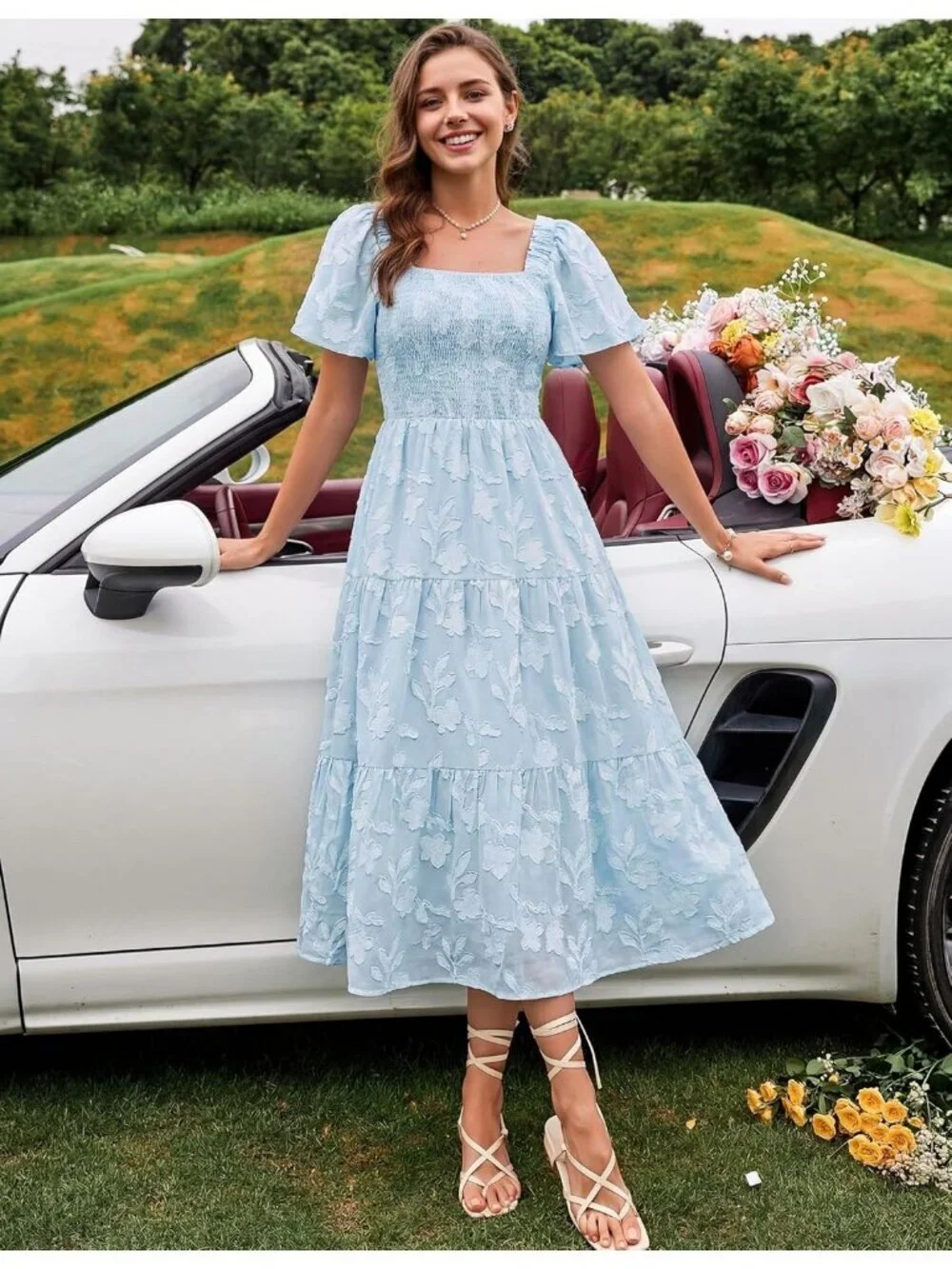 Women‘s Summer Boho Floral Midi Dress Blue Short Sleeve Square Neck Flowy Beach